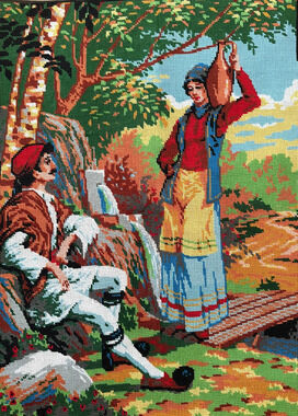 Finished Diamant Needlepoint Canvas Countryside Scene Man Woman Greece 19x27 HTF